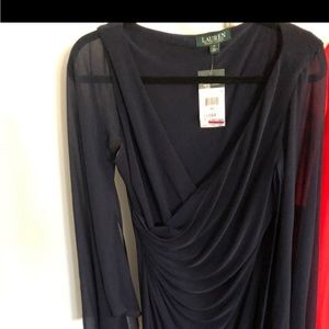 Ralph Lauren stretch wrap navy dress with sheer sleeves navy